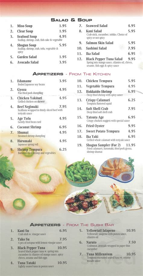 Shogun Soup $6.95. Scallop, shrimp, crab, tofu, vegetable & spicy. Dumpling Soup $4.95. 3pcs dumpling w. miso soup. Seaweed Salad $4.95. Kani Salad $+. Crab …